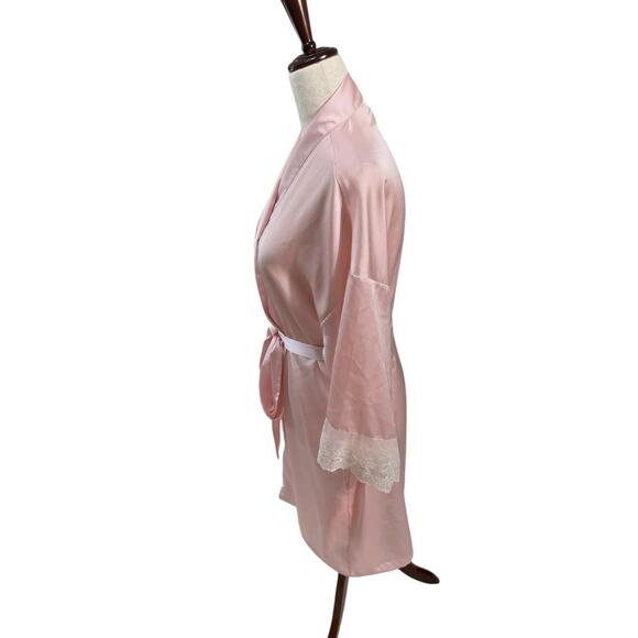 Vtg Halston Blush Pink Robe White Lace Trim Coquette Satin Boudoir Lingerie L/XL - Picture 4 of 7